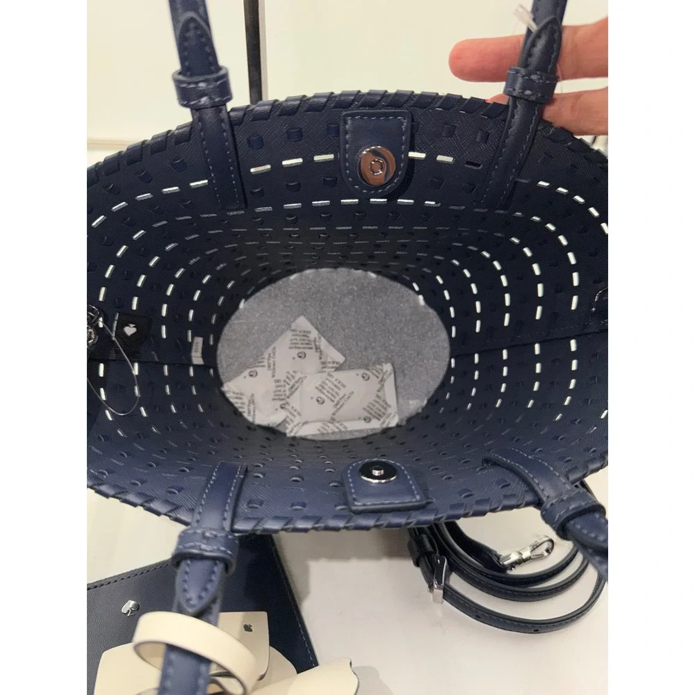 Kate Spade Dahlia Small Tote Parisian Navy Leather Woven Flower Bag KO471 NEW